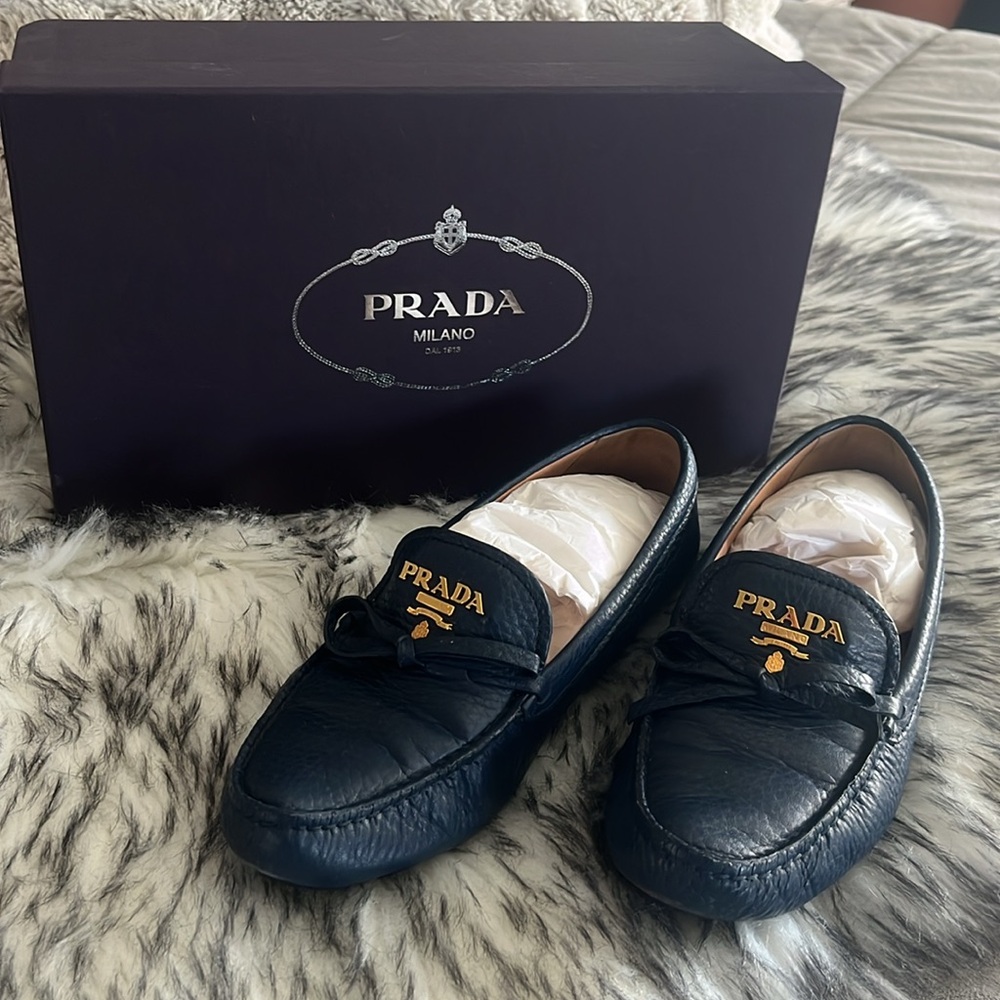 Womens blue Saffiano leather bow slip on loafers Prada size 36 6 calzatura Donna